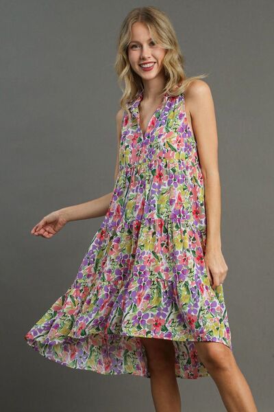 Umgee Full Size High-Low Hem Floral Sleeveless Tiered Dress Plus Size VIOLETMIX