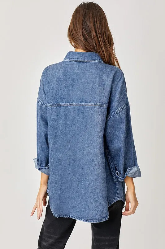 RISEN Button Up Drop Shoulder Denim Shacket Shackets