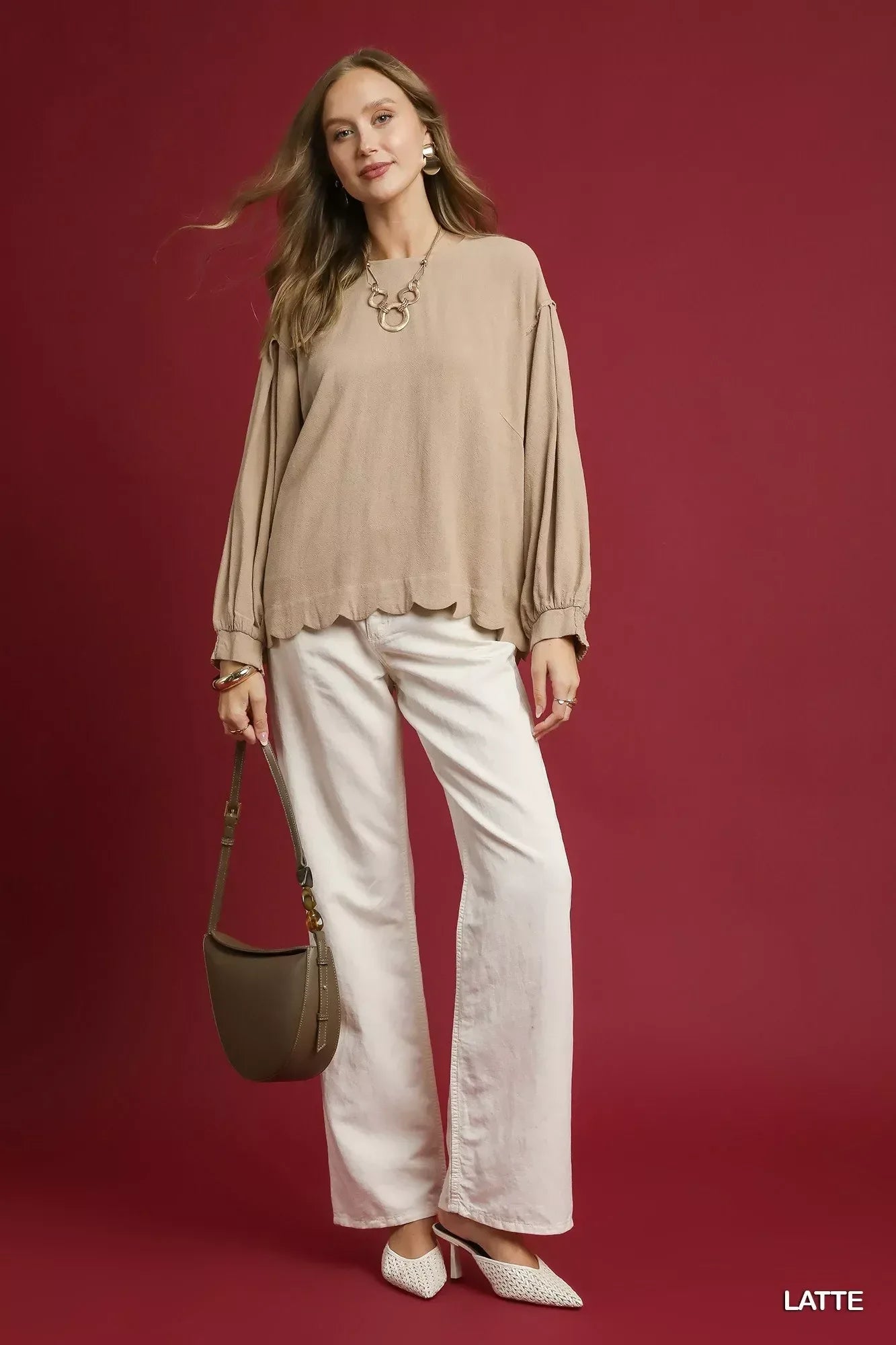 Umgee Linen Scallop Hem Long Sleeve Blouse - DAVERRI FASHIONS