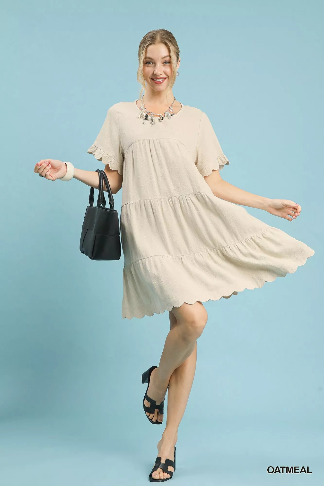 Umgee linen tiered babydoll dress in oatmeal with ruffle sleeves