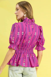 Umgee Printed Half Sleeve Peplum Blouse | Daverri Fashions