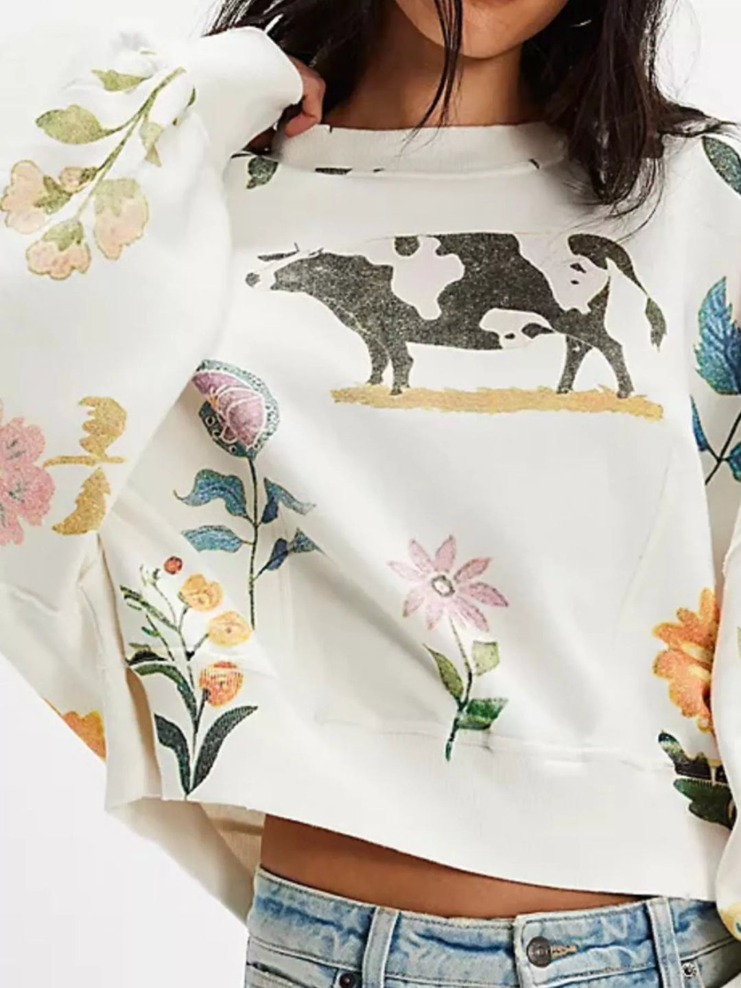 Printed Round Neck Dropped Shoulder Sweatshirt | Sweatshirts Daverri Fashions