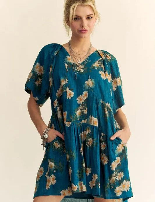Teal Blue S Davi & Dani Floral Print Short Bell Sleeve Pleated Mini Dress | Mini Dresses Daverri Fashions
