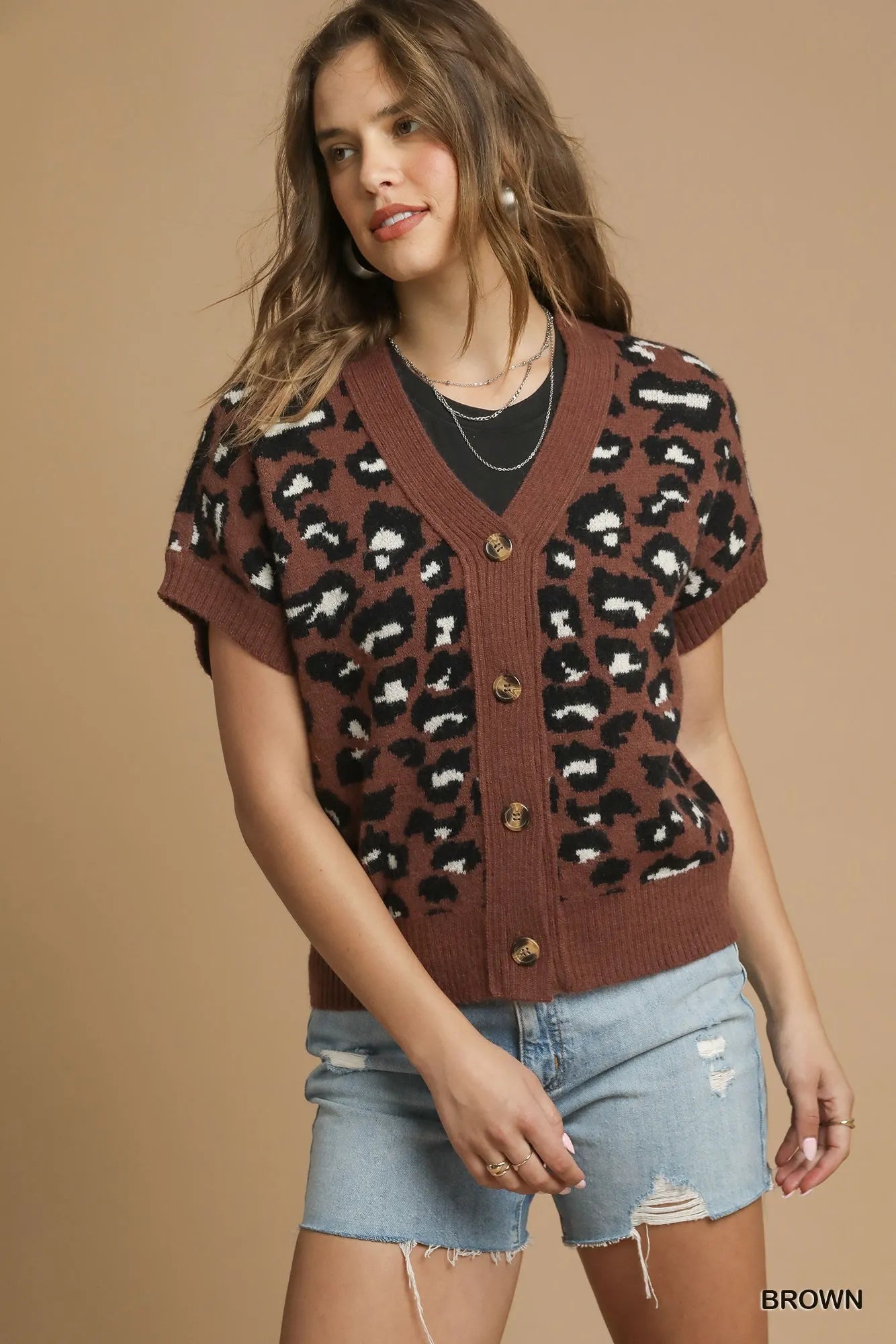Brown Umgee Leopard Button Down Short Sleeve Cardigan | Cardigans Daverri Fashions