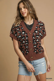 Brown Umgee Leopard Button Down Short Sleeve Cardigan | Cardigans Daverri Fashions