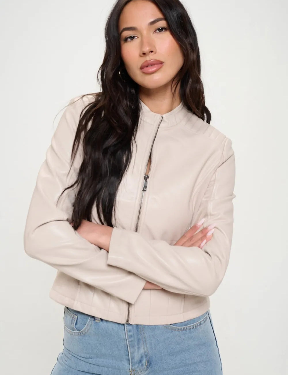 Cream Coalition LA Zip Up Vegan Leather Moto Jacket | Jackets Daverri Fashions