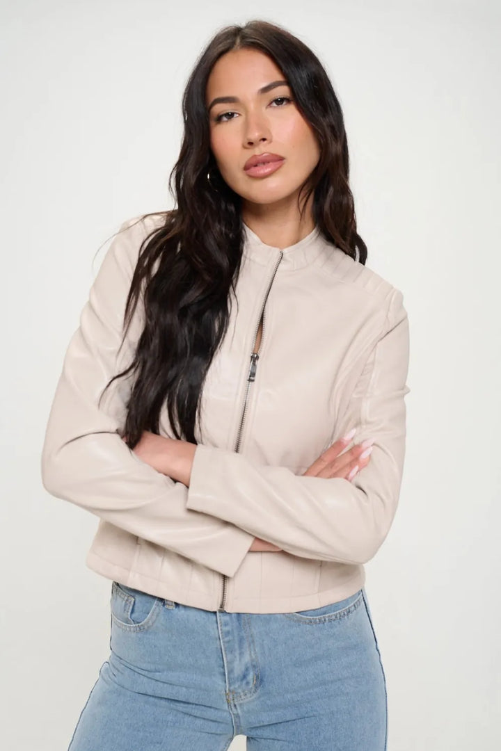 Coalition LA Zip Up Vegan Leather Moto Jacket Cream Jackets