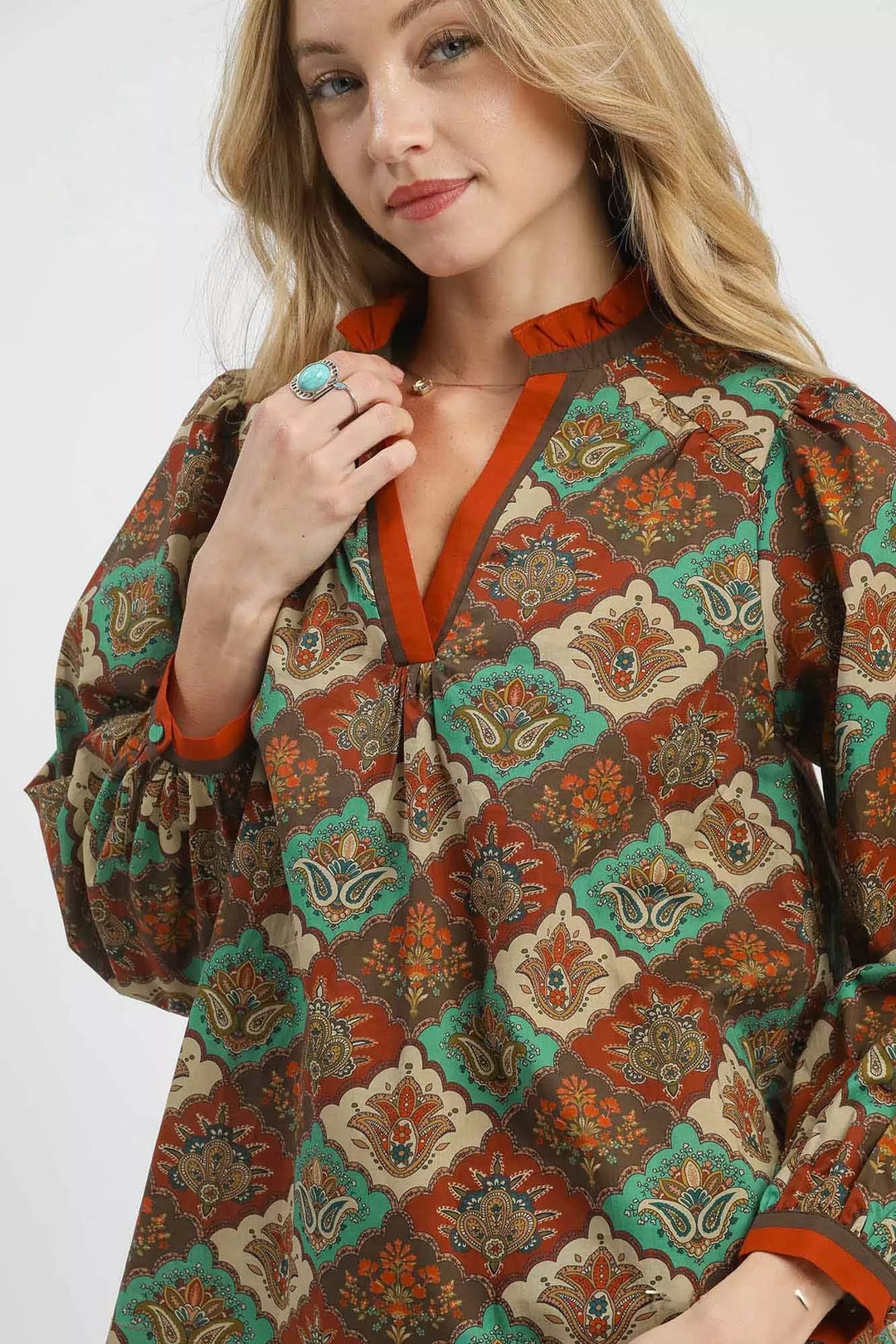 Umgee Abstract Print Ruffle Neck Top | Daverri Fashions