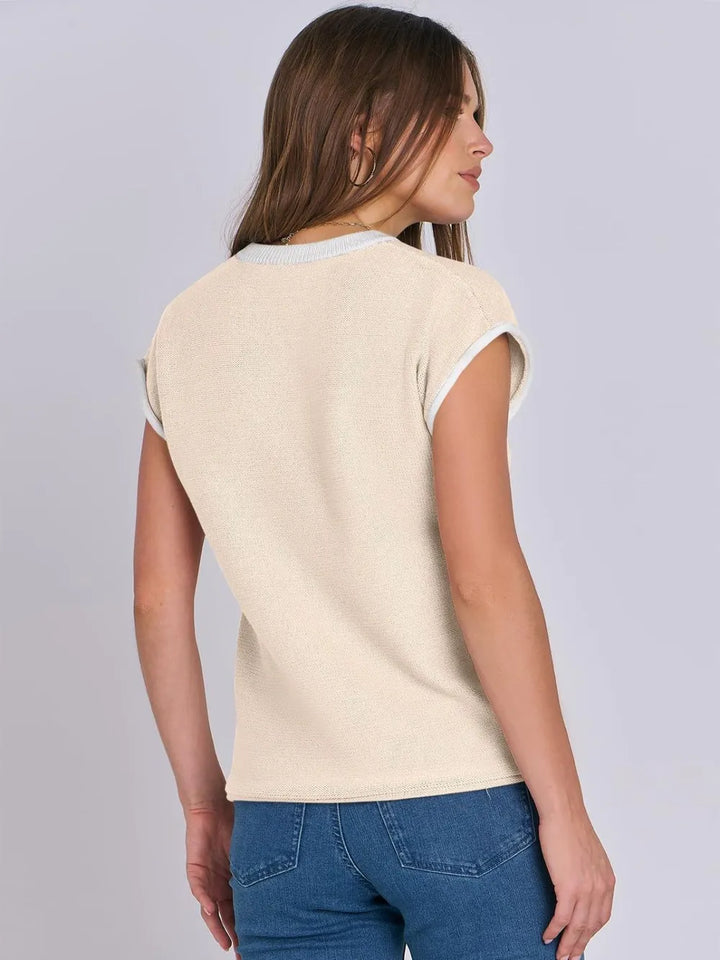 Contrast Round Neck Cap Sleeve Sweater | Sweaters Daverri Fashions