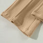 Daverri Wide Leg Drawstring Pants in beige stretchy fabric with stitched hems
