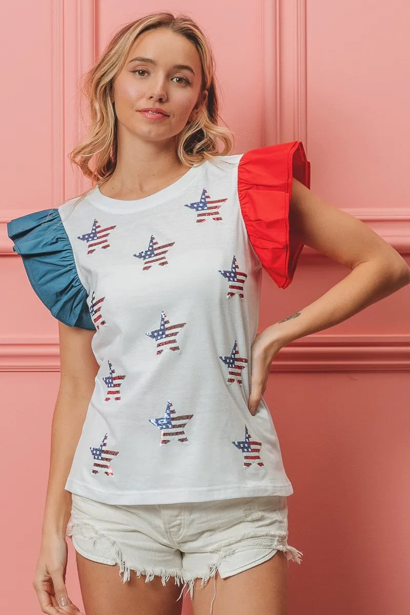 BiBi American Flag Sequin Stars Top Tops