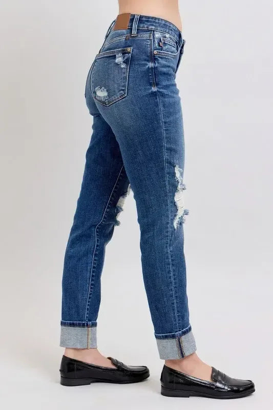 Judy Blue Full Size Mid Rise Boyfriend destroy Jeans with Yoke Pockets and Faux Selvedge Cuff Plus Size - DAVERRI FASHIONS