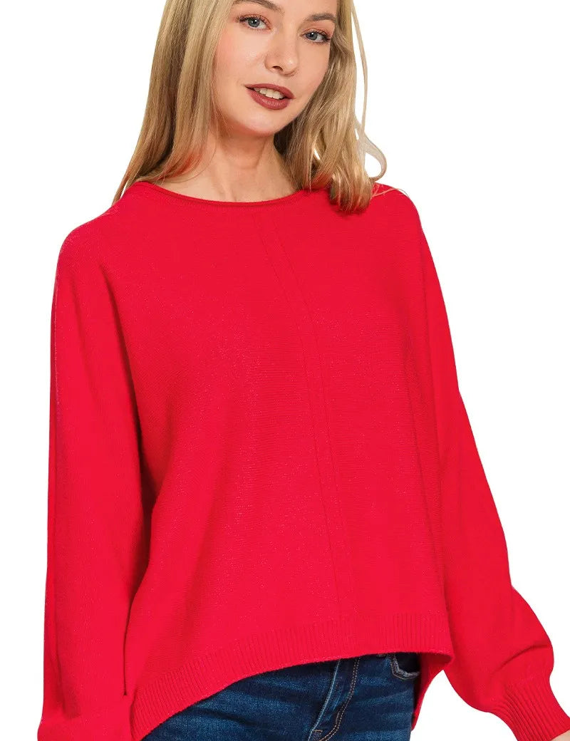 H RED Zenana Viscose Front Seam Round-Neck Sweater | Sweaters Daverri Fashions