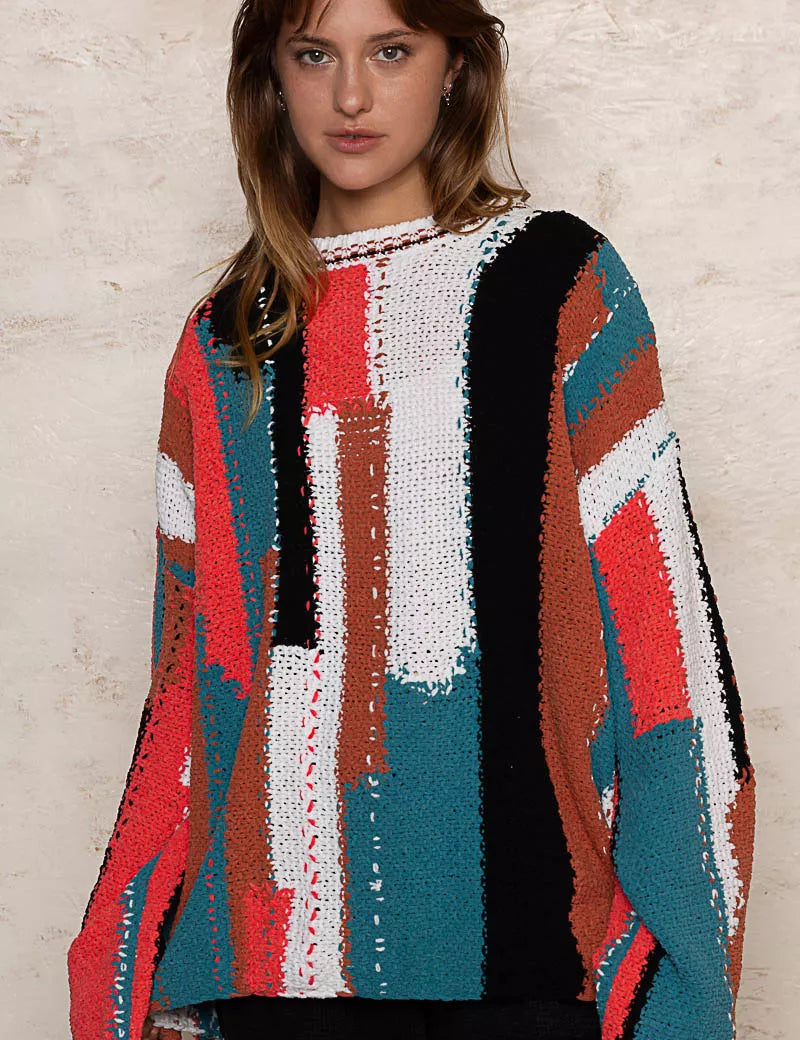POL Color Block Round Neck Oversized Sweater | Sweaters Daverri Fashions