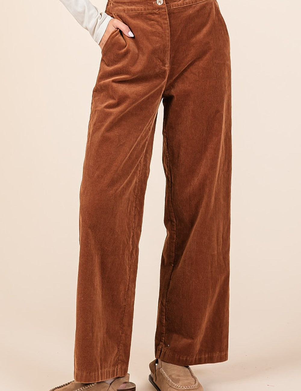 Corduroy Back Elastic Waist Pants Camel Bottoms