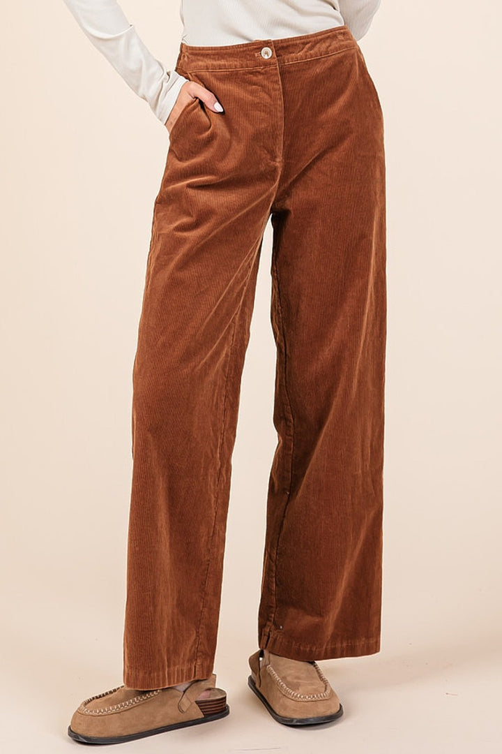 Corduroy Back Elastic Waist Pants Camel Bottoms