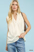 Umgee sleeveless textured split neck top in cream with v-neck and pleats