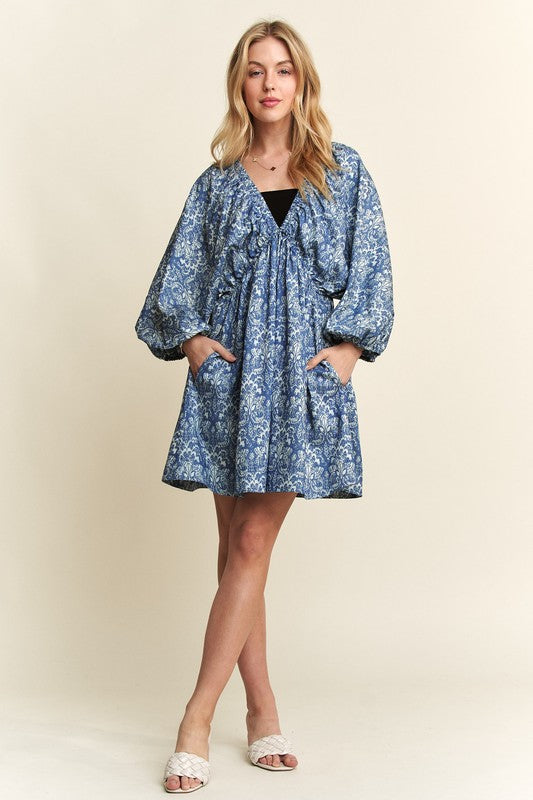 ADORA Printed V-Neck Batwing Sleeve Mini Dress