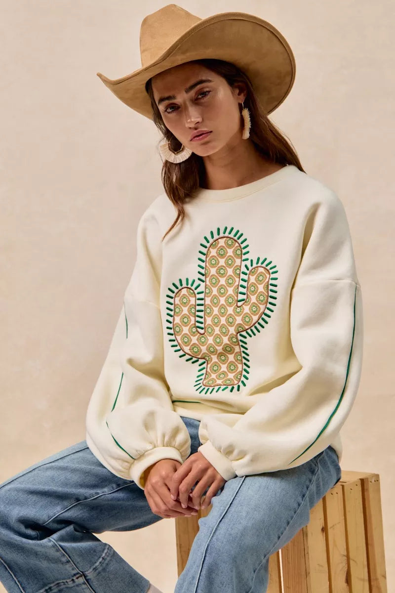 BiBi Cactus Embroidered Fleece Sweatshirt | Daverri Fashions