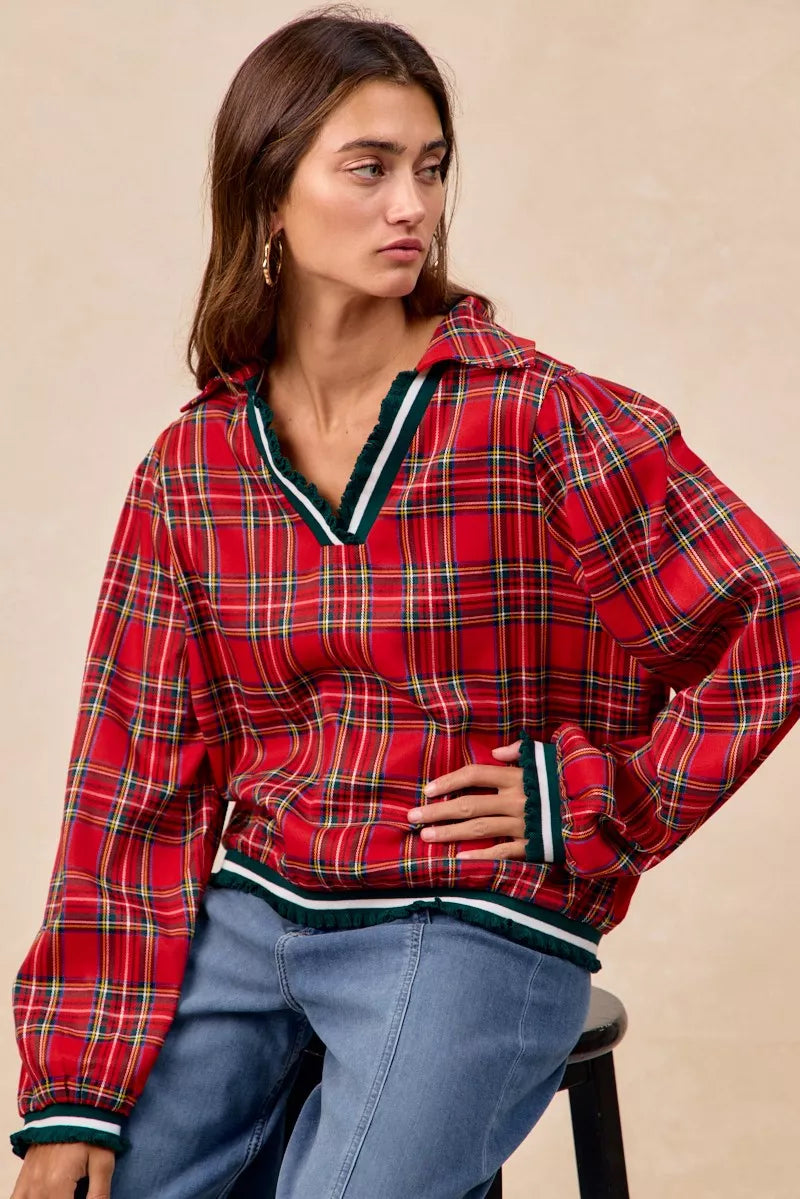 Red plaid BiBi Christmas collared hoodie with ruffles and fleece trim