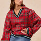 BiBi Christmas Plaid Collared Top with Ruffled Detail - DAVERRI FASHIONS