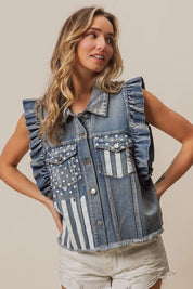 BiBi American Flag Washed Denim Jacket | Jackets Daverri Fashions