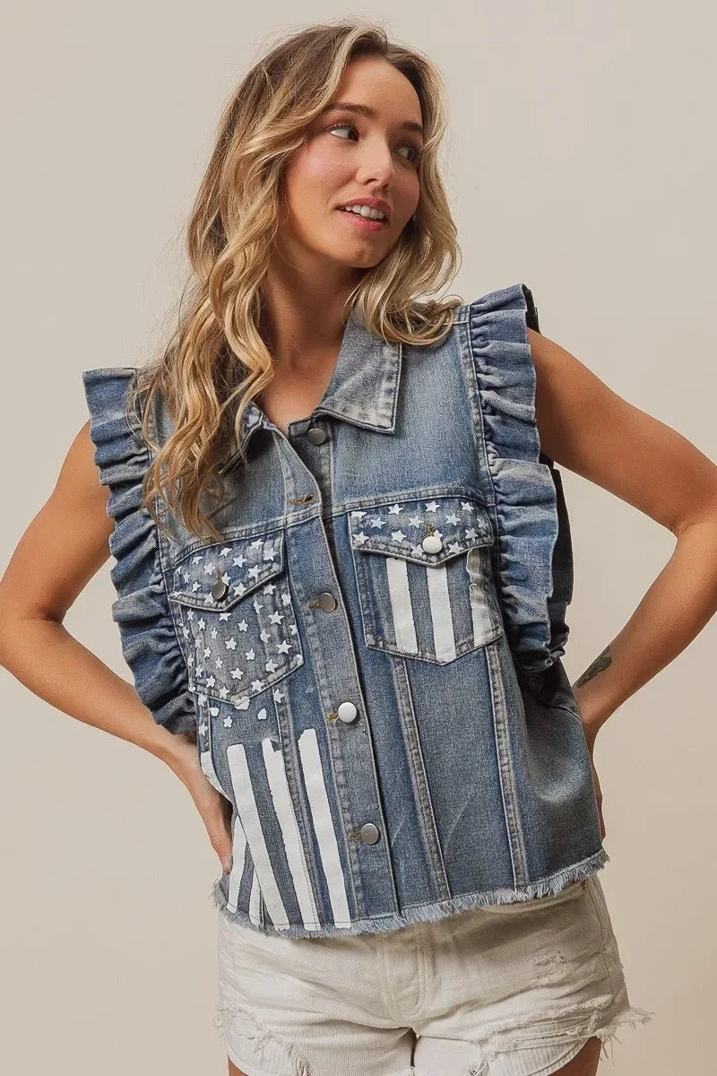 BiBi American Flag Washed Denim Jacket - DAVERRI FASHIONS