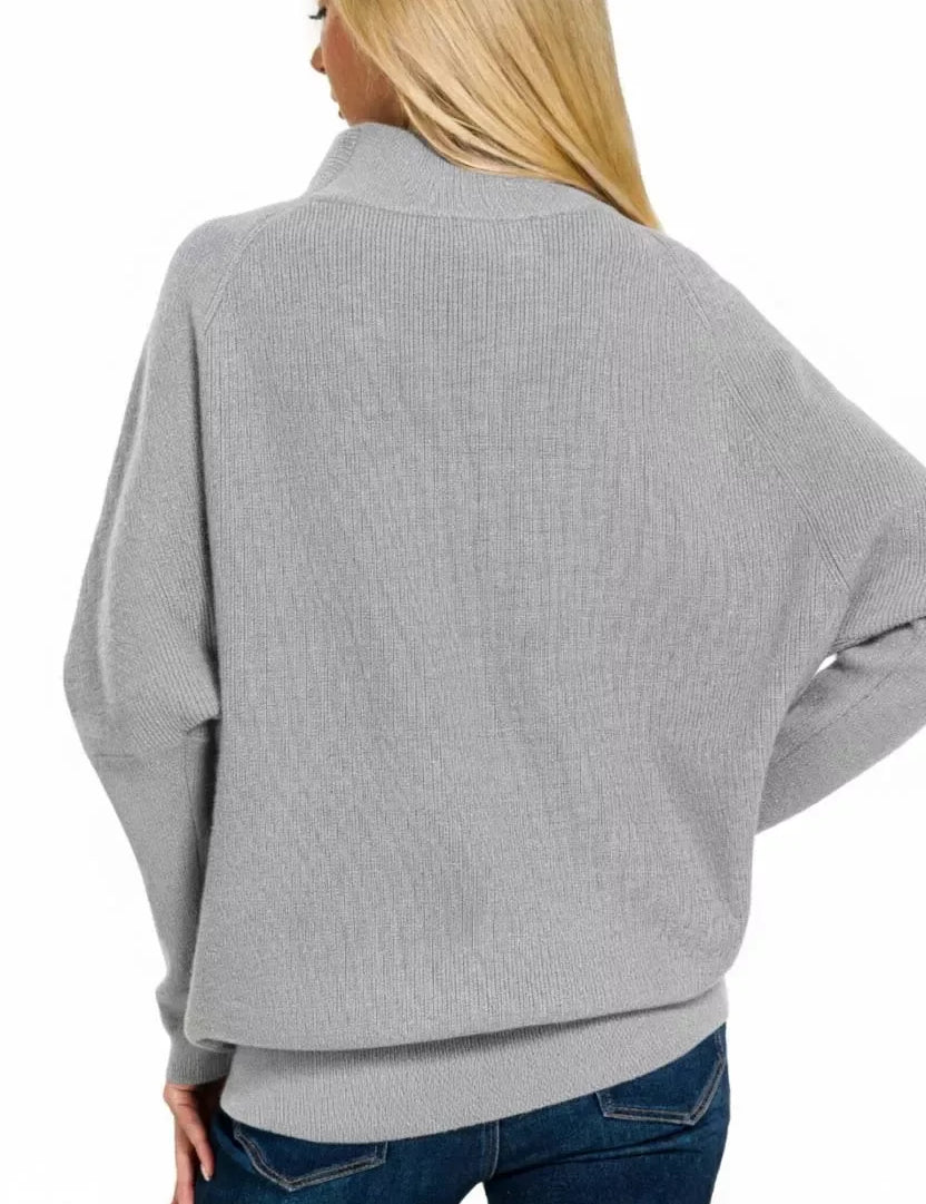 Grey textured Zenana viscose dolman sleeve mock neck sweater with jeans