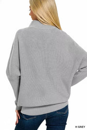 Grey textured Zenana viscose dolman sleeve mock neck sweater with jeans