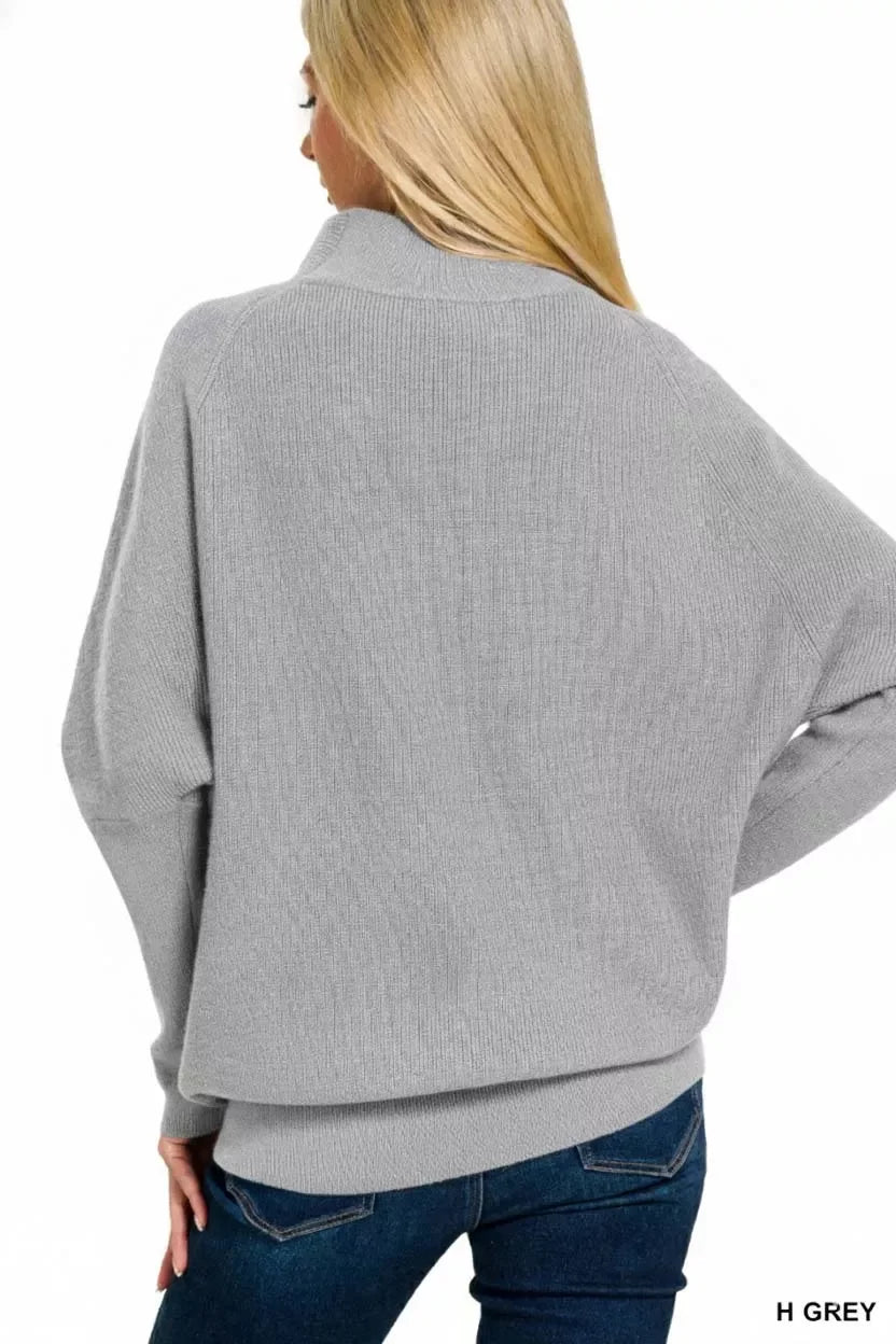 Grey textured Zenana viscose dolman sleeve mock neck sweater with jeans