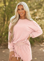 Pink Checkerboard Long Sleeve Pullover and Shorts Set
