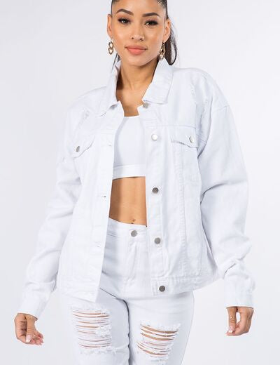 American Bazi Graphic Distressed Long Sleeve Denim Jacket White