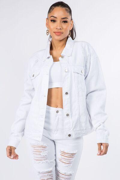 American Bazi Graphic Distressed Long Sleeve Denim Jacket White S Jackets