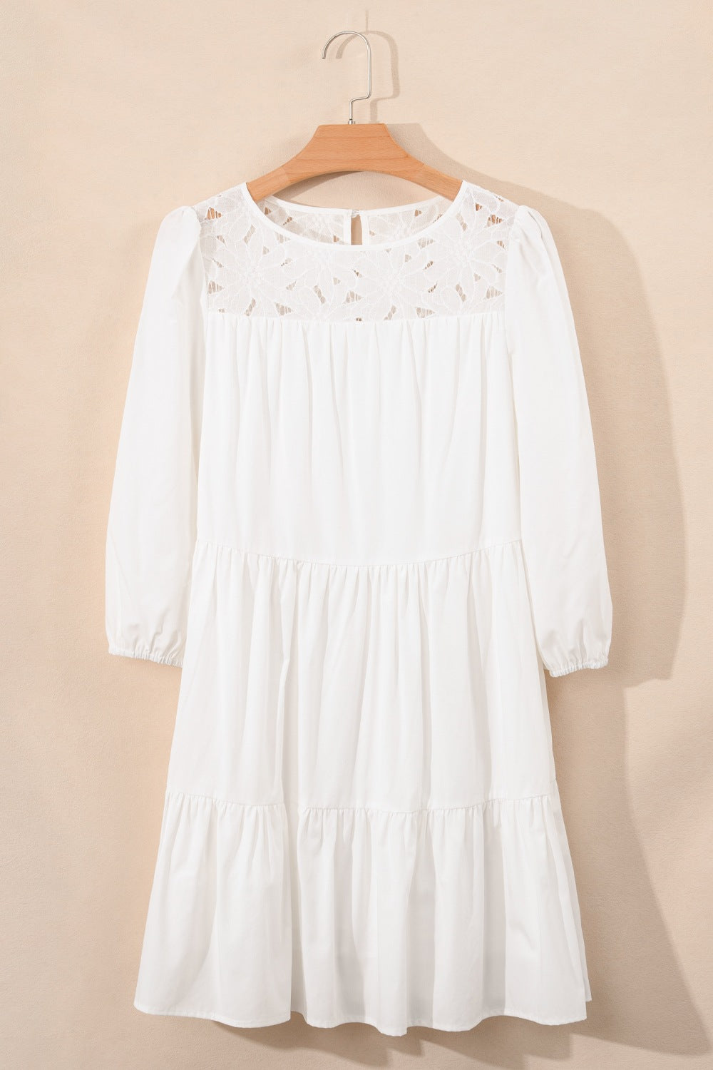 White 3/4 sleeve tiered mini dress with eyelet lace neckline ruffles