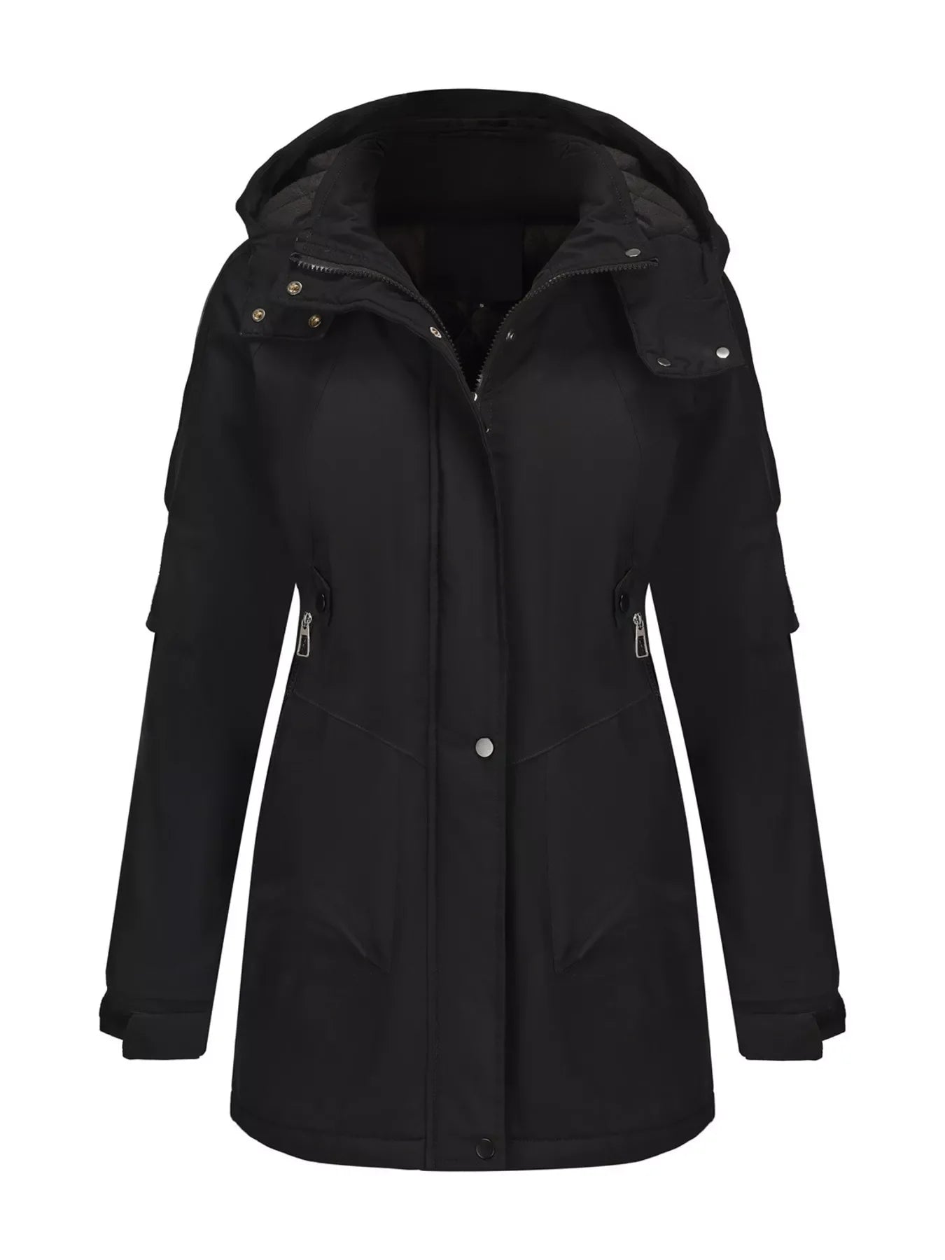 Daverri Fashions black hooded mid-length windproof plus size coat