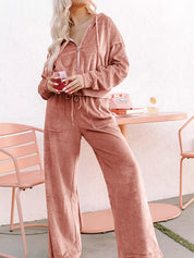 Zip Up Dropped Shoulder Hooded Top and Pants Set | Loungewear Sets Daverri Fashions