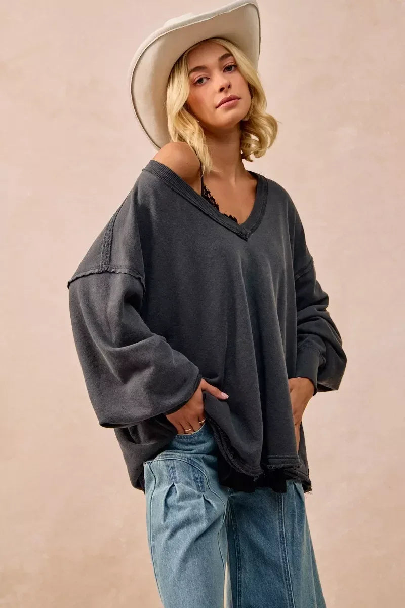 BiBi Mineral Washed French Terry Oversized Sweatshirt - DAVERRI FASHIONS