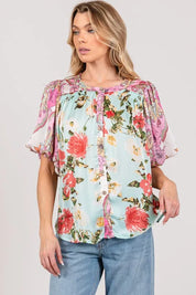 SAGE+FIG Plus Size Floral Mineral Wash French Terry Button Up Shirt | Daverri Fashions