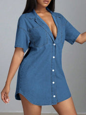 Button Down Collared Neck Denim Dress | Daverri Fashions