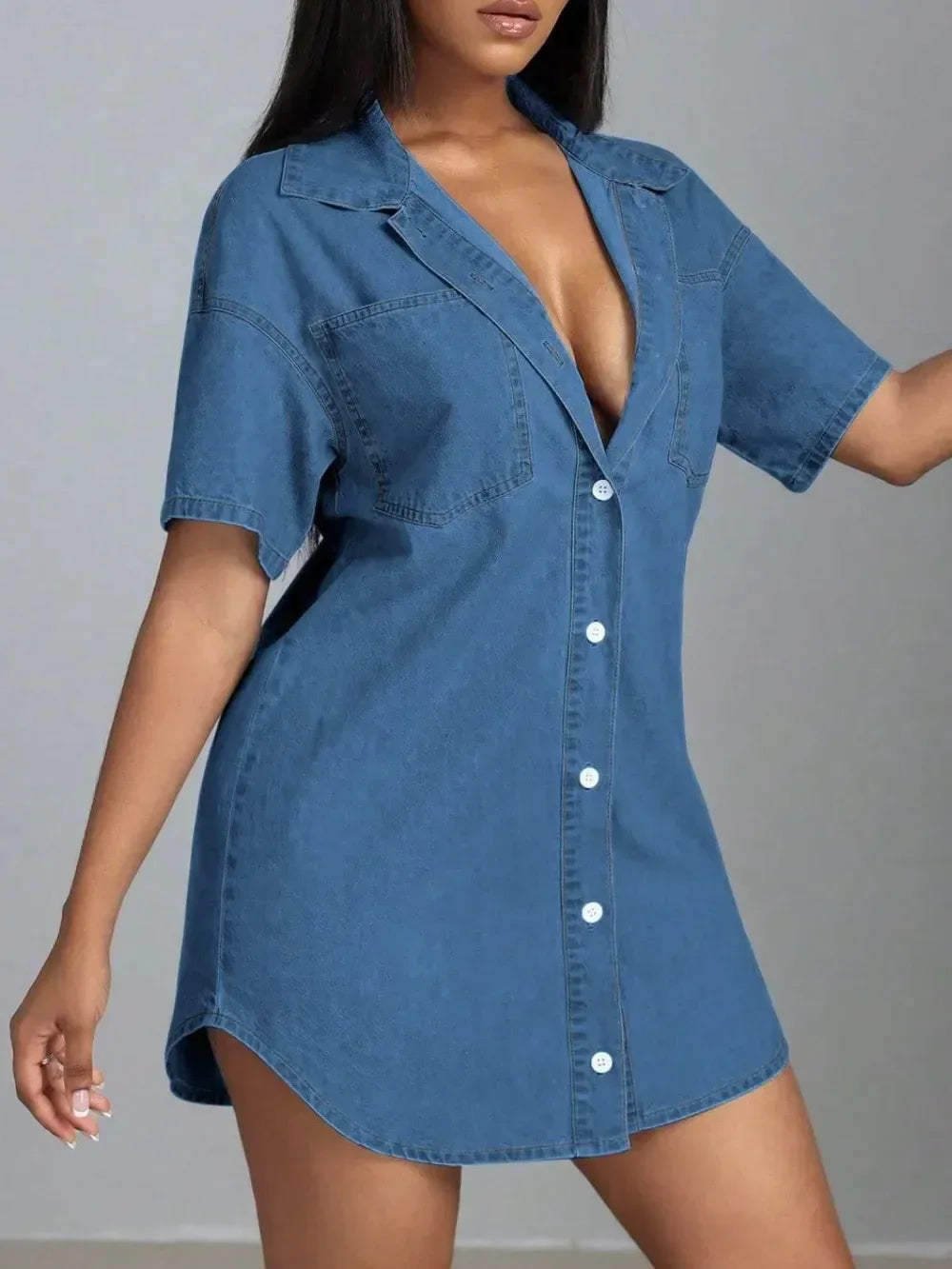 Button Down Collared Neck Denim Dress - DAVERRI FASHIONS