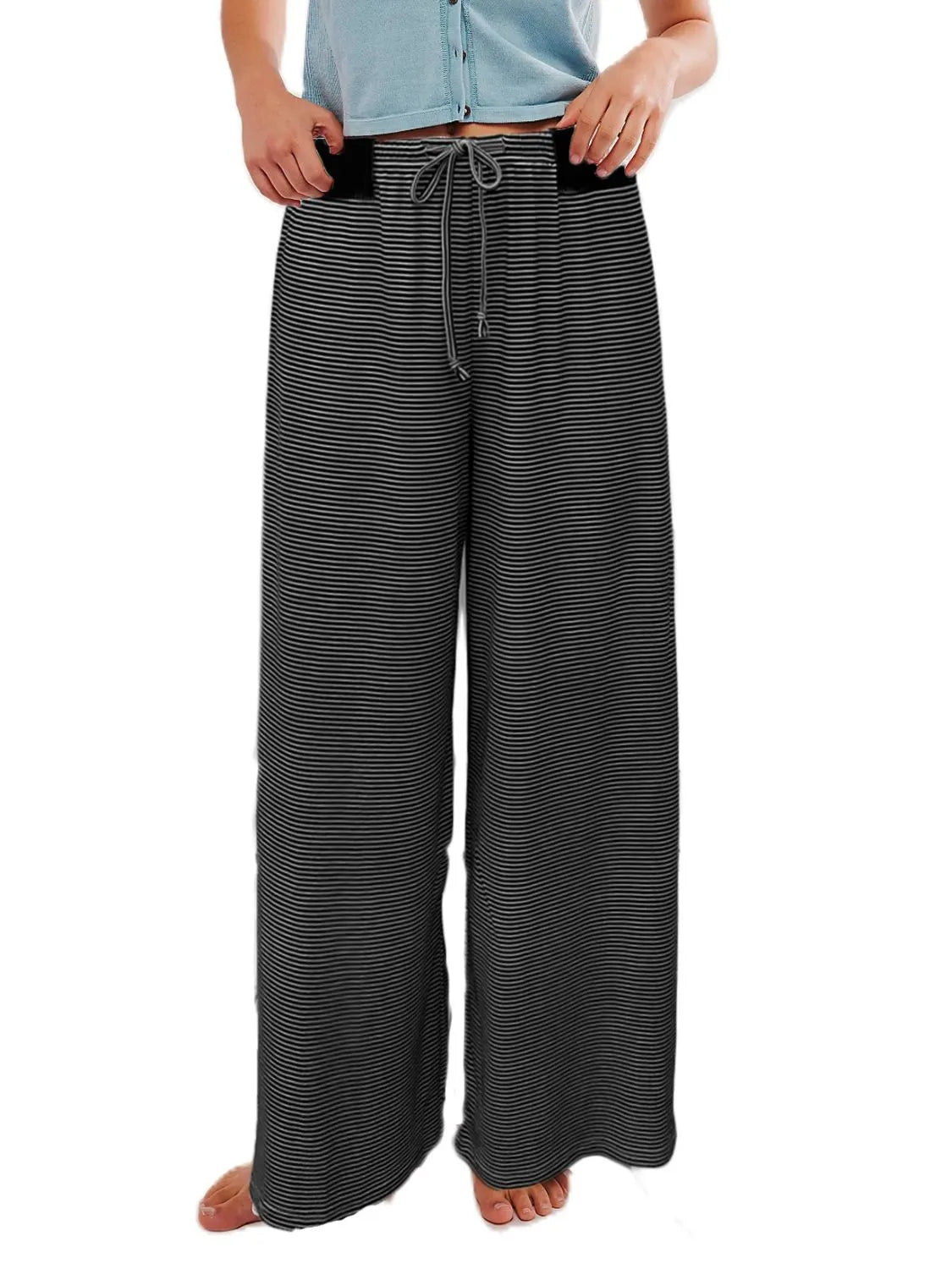 Black Drawstring Striped Wide Leg Pants | Loungewear Daverri Fashions