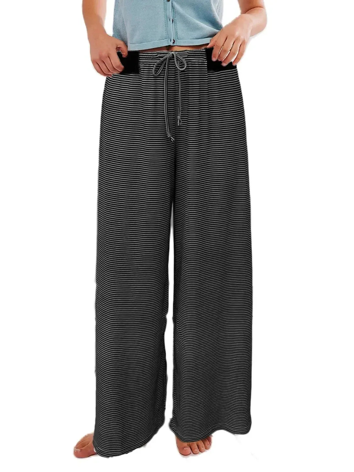 Drawstring Striped Wide Leg Pants - DAVERRI FASHIONS