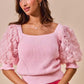 Pink SO ME rosette sleeves square neck knit sweater top