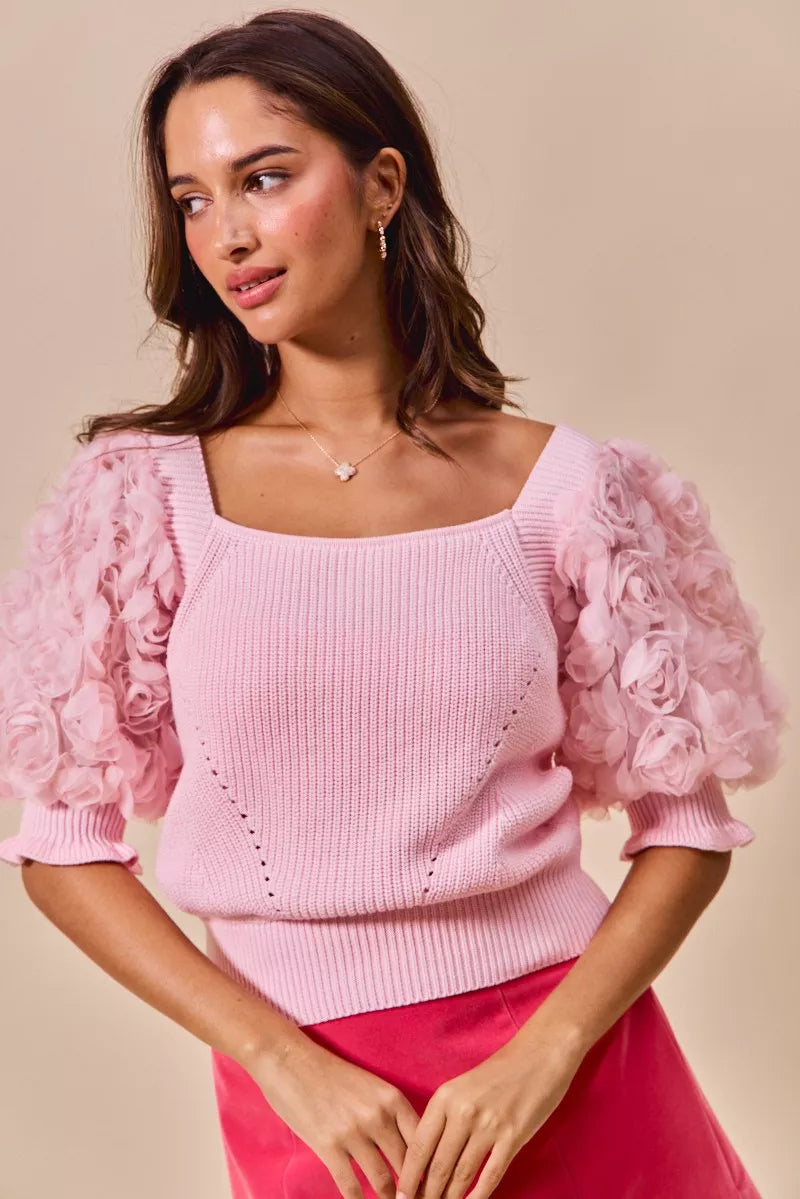 Pink SO ME rosette sleeves square neck knit sweater top