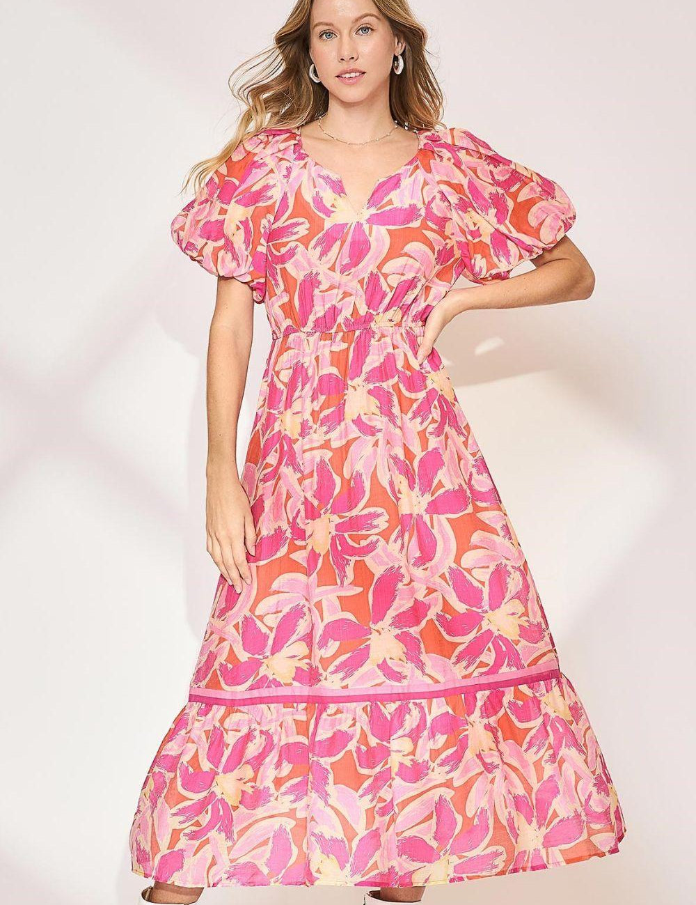 Fuchsia Pink Umgee Floral Notched Puff Sleeve Midi Dress | Midi Dresses Daverri Fashions