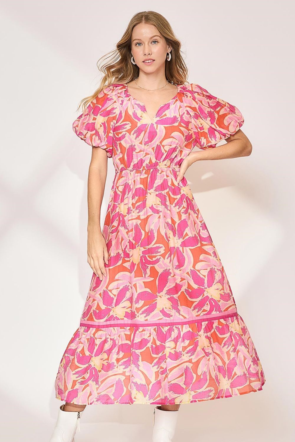 Umgee Floral Notched Puff Sleeve Midi Dress Fuchsia Pink Midi Dresses