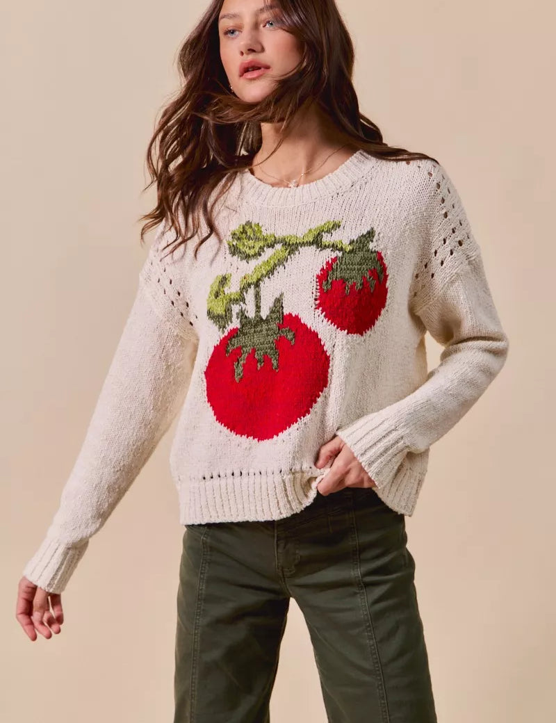 SO ME Vegetable Round Neck Long Sleeve Sweater | Sweaters Daverri Fashions