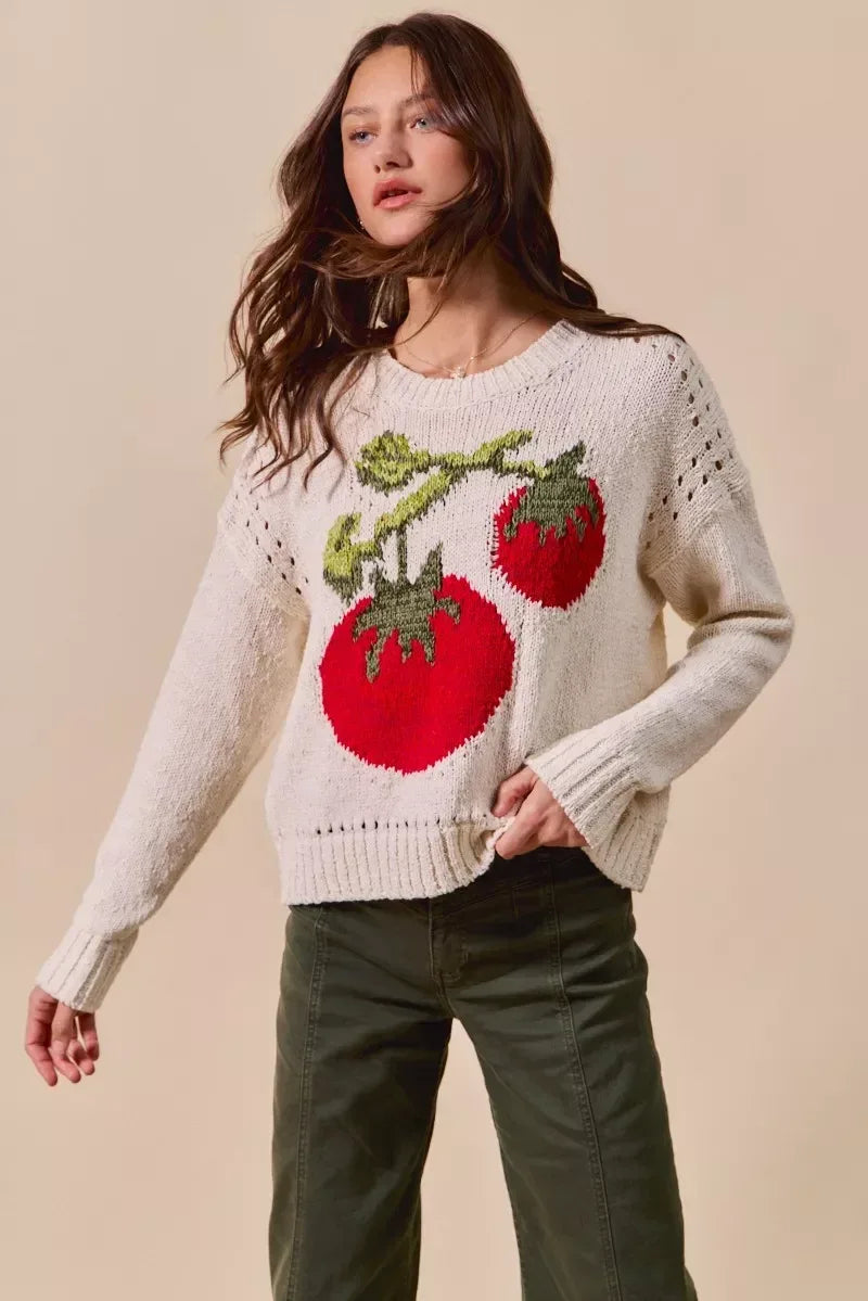 SO ME Vegetable Round Neck Long Sleeve Sweater - DAVERRI FASHIONS