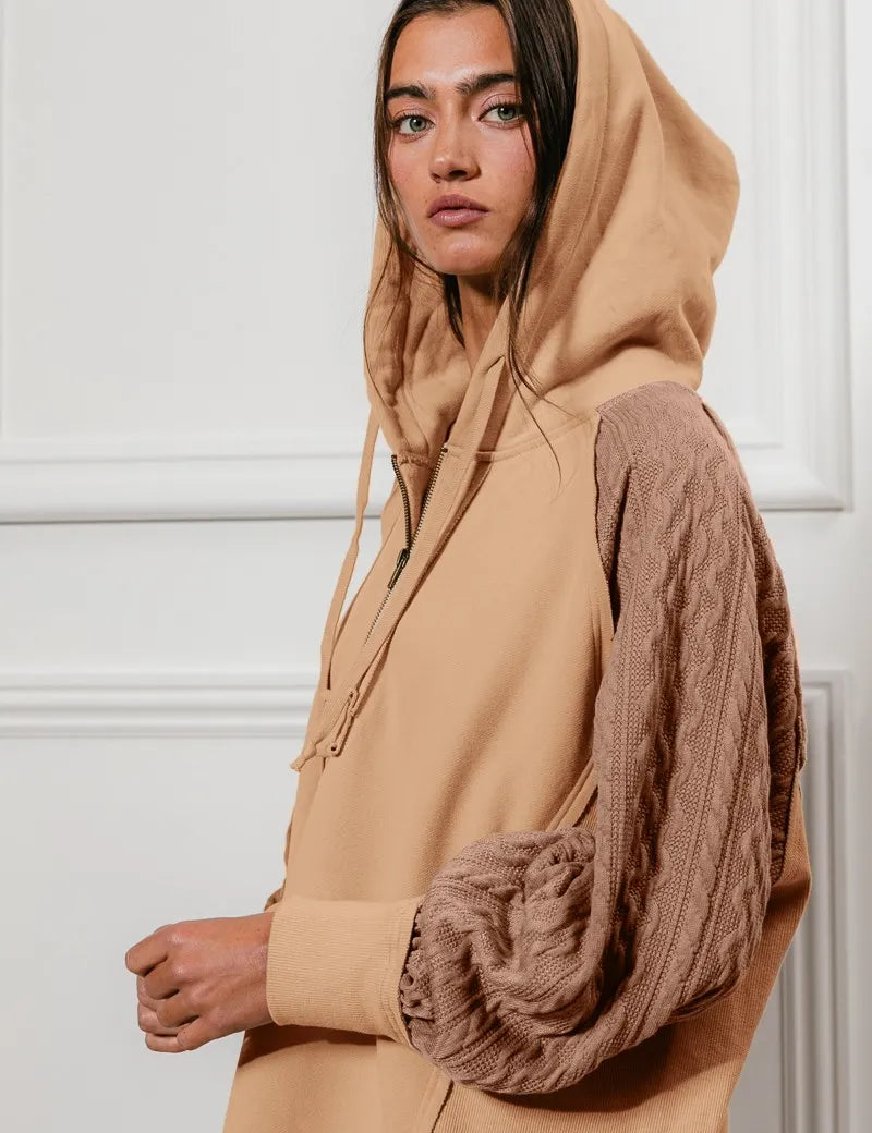 BiBi Half Zip French Terry Hoodie with Kint Sleeves | Hoodies Daverri Fashions