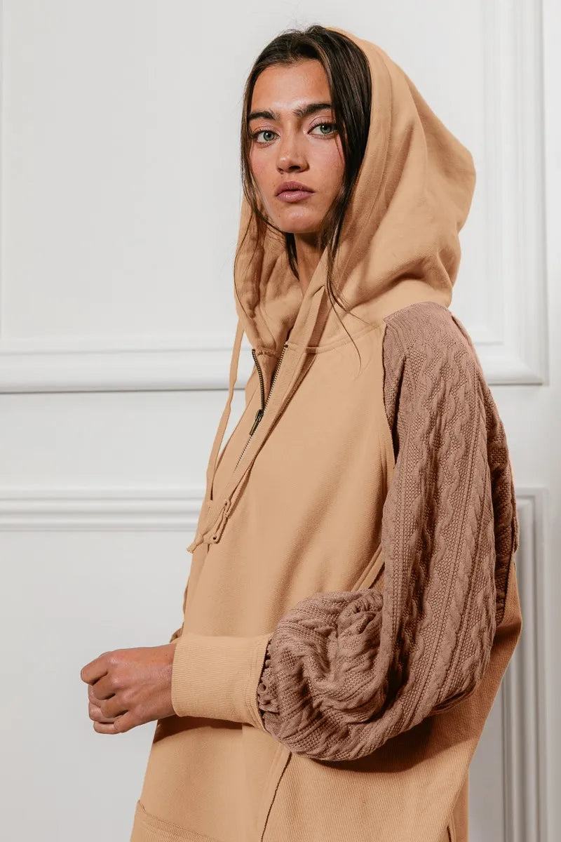BiBi Half Zip French Terry Hoodie with Kint Sleeves | Daverri Fashions